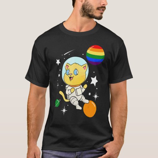 T-shirt Chat Astronaute Dans L'espace Gay Pride Lgbt Drape (Devant)