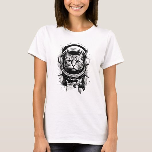 T-shirt Chat astronaute noir et blanc (Devant)