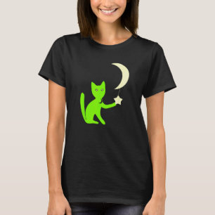 T-shirt Chat Aux Yeux D'étoile Jouant Avec La Lune Croissa