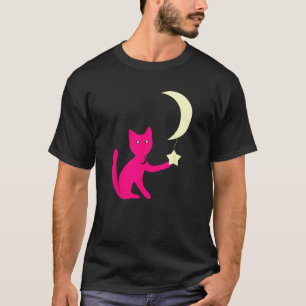 T-shirt Chat Aux Yeux D'étoile Jouant Avec La Lune Croissa