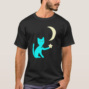 T-shirt Chat Aux Yeux D'étoile Jouant Avec La Lune Croissa