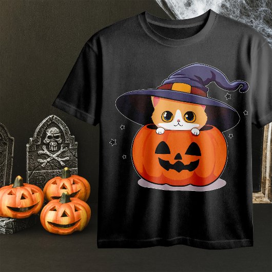 T-shirt Chat avec casquette sorcier à Halloween Jack-O-Lan