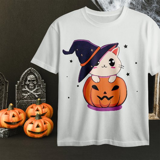 T-shirt Chat avec casquette sorcier à Halloween Jack-O-Lan