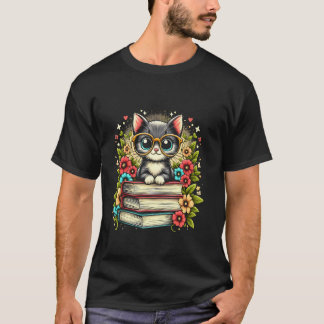 T-shirt Chat avec des livres et des fleurs pour joli chat