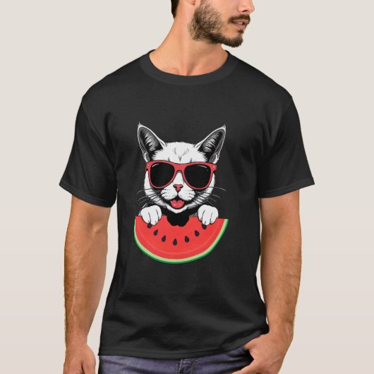 T-shirt Chat avec des lunettes de soleil mangeant du melon (Devant)