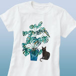 T-shirt Chat avec Plante Monstera Aquarelle<br><div class="desc">Une aquarelle moderne d'un petit chat noir assis près d'une Monstera Deliciosa ou d'un plante de Fromage Suisse dans une casserole bleu turquoise. Art original de Nic Squirrell. Idéal pour les amateurs de chats et d'aubergines.</div>