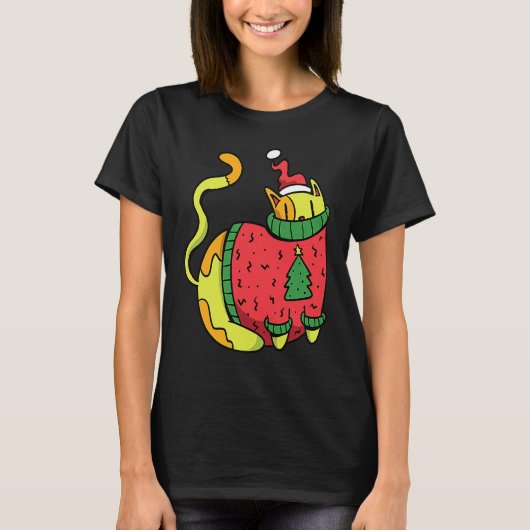 T-shirt Chat avec un pull de Noël laid (Devant)