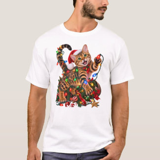 T-shirt Chat Bengal de Noël poursuivant les lumières de No