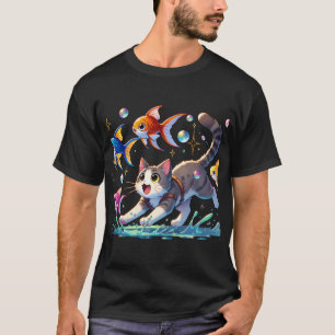 T-shirt chat blanc aux yeux bleus poursuivant des poissons
