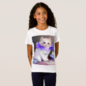 T-Shirt Chat blanc avec collier de fleurs violettes (Devant entier)