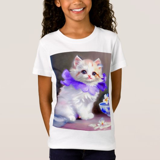 T-Shirt Chat blanc avec collier de fleurs violettes (Devant)