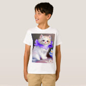T-shirt Chat blanc avec collier de fleurs violettes (Devant entier)