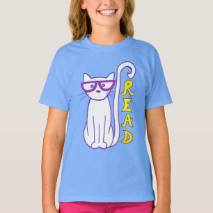 T-shirt Chat blanc avec lunettes violettes avec panneau de