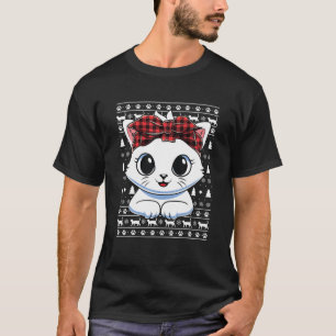 T-shirt Chat blanc de Noël moche rouge Plaid Bandana Noël