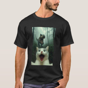 T-shirt Chat blanc drôle selfie avec T-Rex dinosaure, chat