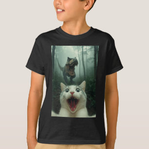 T-shirt Chat blanc drôle selfie avec T-rex dinosaure, chat