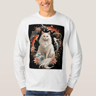 T-shirt Chat Blanc Élégant avec Koi