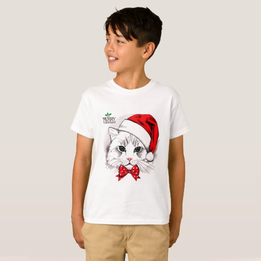 T-shirt Chat blanc mignon Joyeux Noël (Devant entier)
