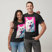 T-shirt Chat blanc Pop Art Rose (Unisexe)