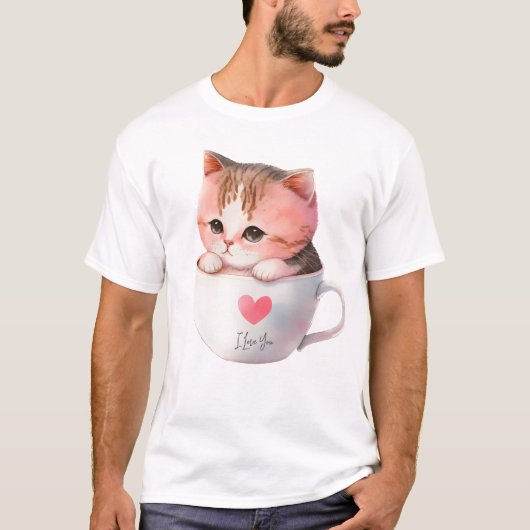 T-shirt Chat blanc-rose mignonne dans une tasse de thé (2) (Devant)
