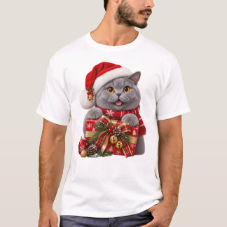 T-shirt Chat British Shorthair de Noël avec un chapeau de