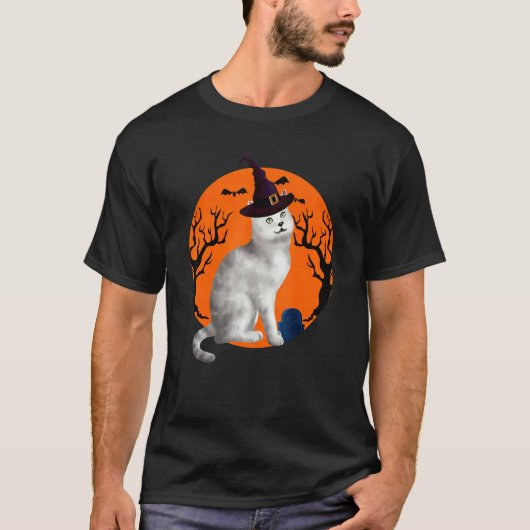 T-shirt Chat Burmilla Halloween sorcier Casquette et lune (Devant)