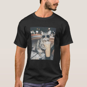 T-shirt Chat Buvant Café Glacé Mème D'animal Drôle Hommes