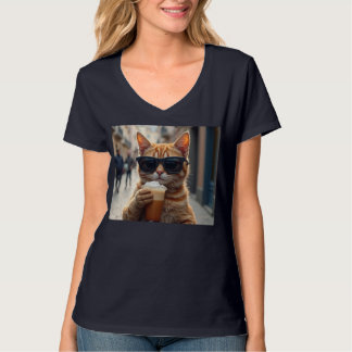 T-shirt Chat buvant du café dans une rue
