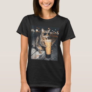 T-shirt Chat Buvant du Café Glacé Mème Animal Drôle Hommes