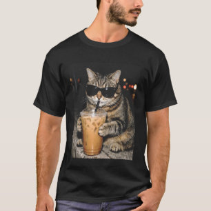 T-shirt Chat Buvant du Café Glacé Mème de Chat Drôle