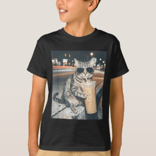 T-shirt Chat buvant un café glacé mème animal drôle hommes