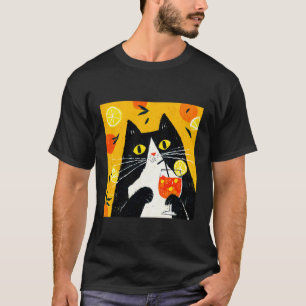 T-shirt chat Buvant une Boisson Orange de Manière Cool