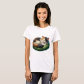 T-shirt Chat Calico couché douillet sur un coussin vert do (Devant entier)