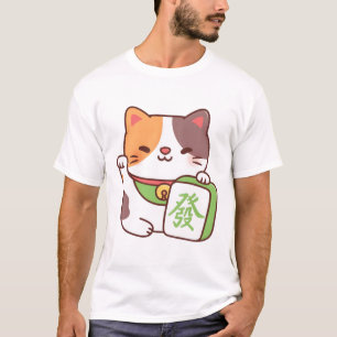 T-shirt Chat Calico Lucky Cute Avec Carrelage Mahjong Drôl