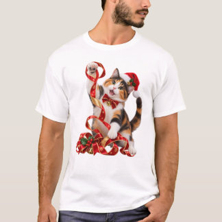 T-shirt Chat calicot de Noël jouant avec un ruban
