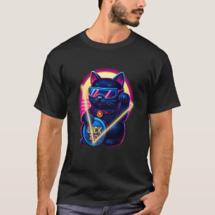 T-shirt Chat chanceux rétro futuriste tenant une pièce et