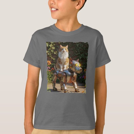 T-shirt Chat chevauchant son fidèle chien robot ! (Devant)