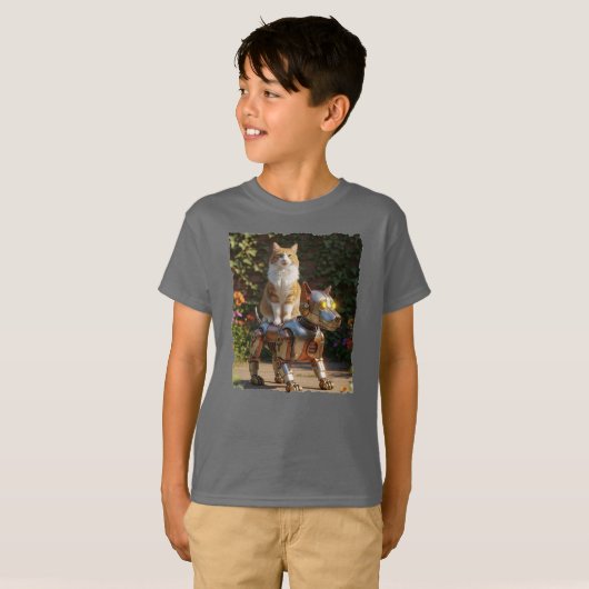 T-shirt Chat chevauchant son fidèle chien robot ! (Devant entier)