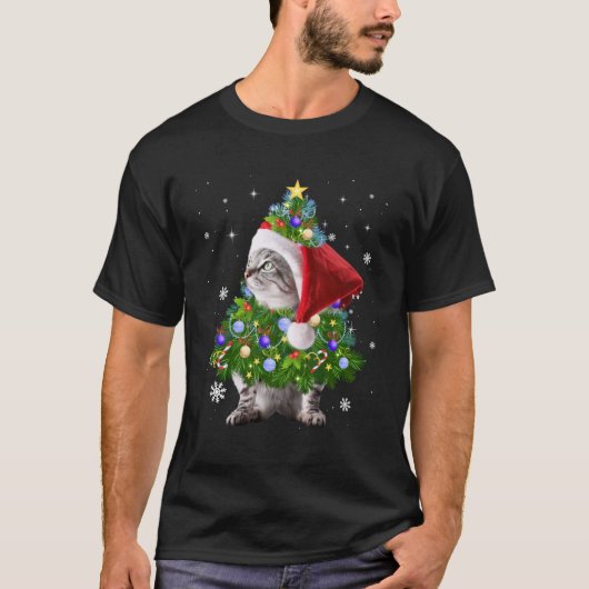 T-shirt Chat Christmas Tree Lights (Devant)