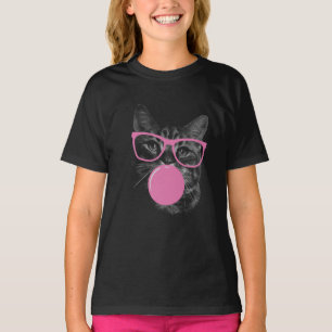 T-shirt Chat cool avec lunettes roses et gomme à bulles
