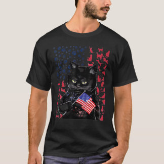 T-shirt Chat Cool Tenant Le Drapeau Des États-Unis Avec Il