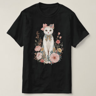 T-shirt Chat Coquette Floral de Cottage   Roses Pastel Vin