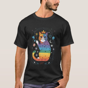 T-shirt Chat Cosmique Arc-en-Ciel avec Lunes et Cristaux
