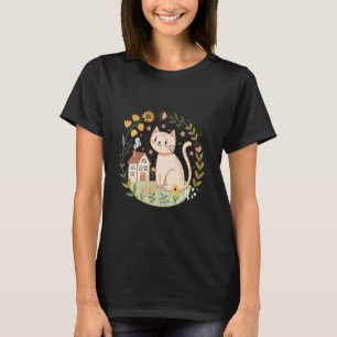 T-shirt Chat Cottagecore avec Fleurs Sauvages et Cabane Co