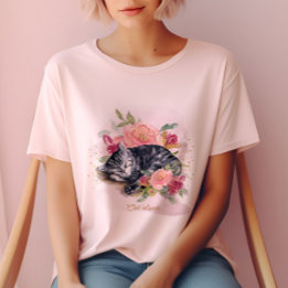 T-shirt Chat couché et Fleurs roses fille