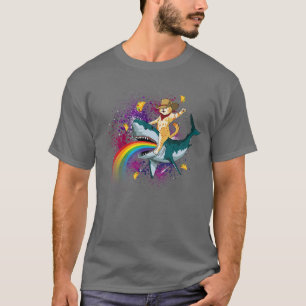 T-shirt Chat Cowboy Occidental montant un requin dans l'ar