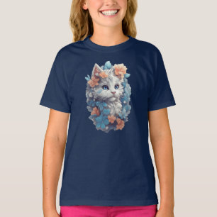 T-shirt Chat Cute Blanc Floral Kitty