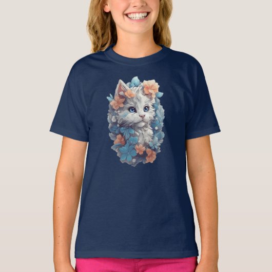 T-shirt Chat Cute Blanc Floral Kitty (Devant)
