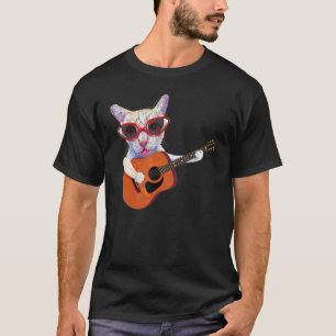 T-shirt Chat Dans Les Lunettes Jouer Guitare Graphique Hau