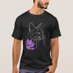 T-shirt Chat d'art en ligne minimaliste avec fleur colorée